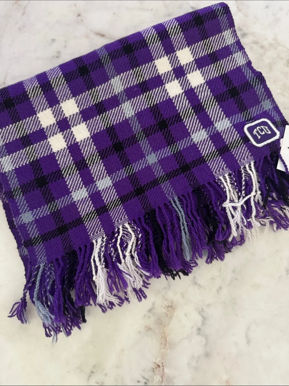 TCU Purple Plaid Wool Scarf with TCU Patch